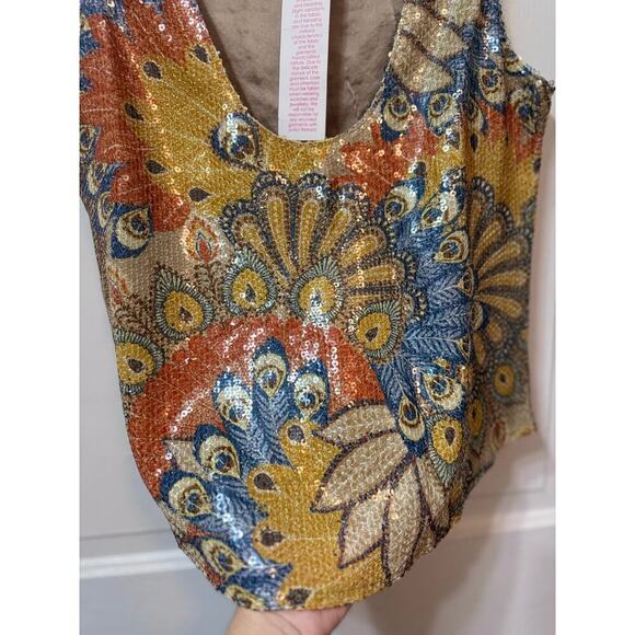 NWT Monique Leshman Gold Colorful Peacock Sequined Sleeveless Top Size M - Picture 3 of 7